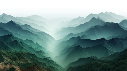 Layers of misty green mountains create serene and mysterious landscape