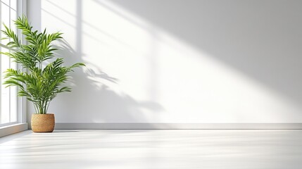 A potted green plant sitting in corner of minimalist bright room, sunlight streaming through window, casting soft shadows, and interior design concept.