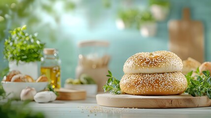Closeup of a freshly prepared burger with a sesame seed topped bun accompanied by fresh herbs and vegetables on a wooden cutting board in a rustic kitchen setting
