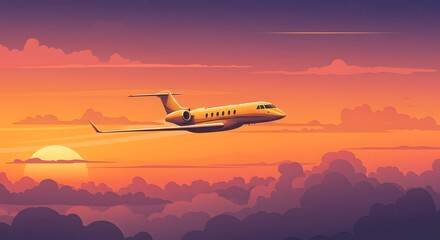 Stylized Private Jet Illustration Flying into Warm Sunset Over Ocean