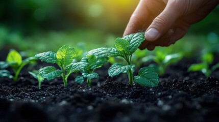 agrarian expert s hand planting new seedlings in prepared soil - stock photo