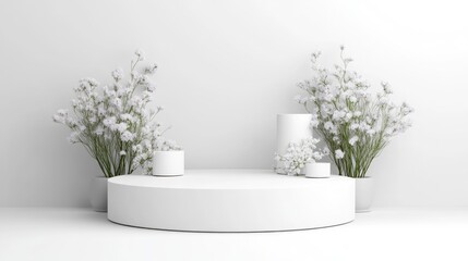 Minimalist white display podium with floral accents