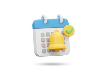 Calendar with a blue header and a yellow bell and a green checkmark on a white background render