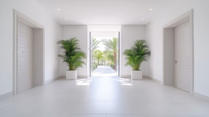 Bright Hallway Two Palm Plants Minimalist Style Natural Lighting Central Perspective Clean Lines Peaceful Atmosphere Open Doors Outdoors Bright White Tones Real Estate Brochure