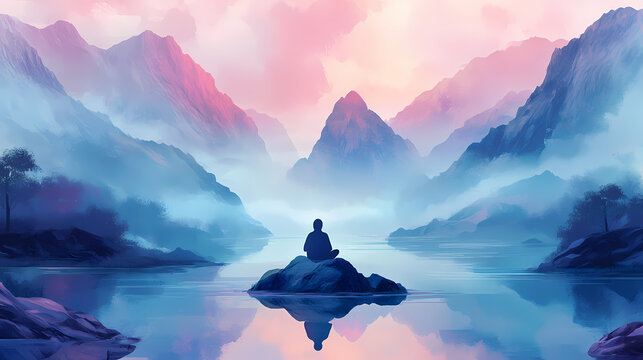 Peaceful landscapes radiate calm energy, fostering spiritual flow and tranquil nature's serene embrace. Quietude Flow. Illustration