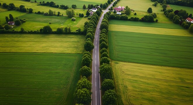 Drone view of highway middle in the paddy field