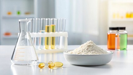 Laboratory Research Powder Capsules Erlenmeyer Flask Test Tubes on Lab Bench