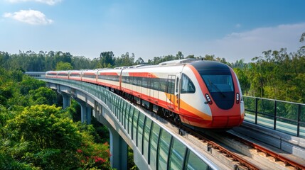 Fototapeta premium High-speed train traveling on elevated track over lush green forest, sleek locomotive crossing scenic railway route, modern transportation through natural landscape