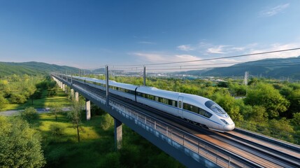 Fast high-speed train crossing modern bridge over scenic landscape, futuristic transportation on elevated tracks, sleek locomotive moving through open sky