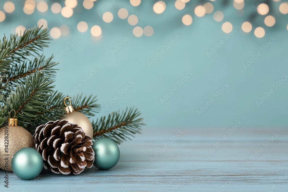 Aufkleber christmas ornaments and pine branches creating festive atmosphere on wooden table