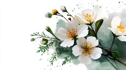Obraz premium A watercolor painting of white flowers with yellow centers and red stamens, surrounded by green leaves and buds. The background features soft green and gray splashes, adding depth and contrast.