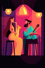 Vibrant Jazz Duo: Saxophonist and Guitarist in a Colorful, Modern Setting