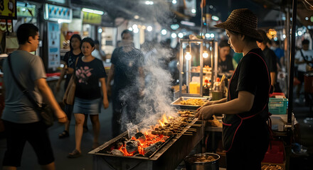 Obraz premium Authentic Asian Street Food Vendor Grilling Skewers at Night Market Lively Atmosphere and Delicious Smells