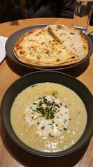 Delicious Creamy Soup and Cheese Flatbread Meal