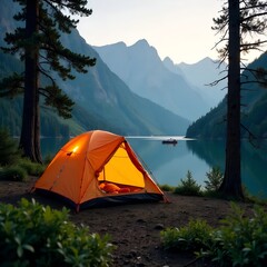 the tent is located in nature near a pond, mountains and the sunrise are visible in the distance