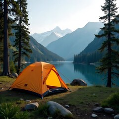 the tent is located in nature near a pond, mountains and the sunrise are visible in the distance