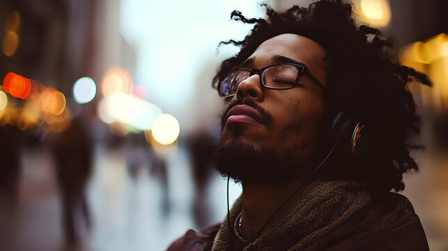 sitting with eyes closed and headphones on, practicing guided meditation 