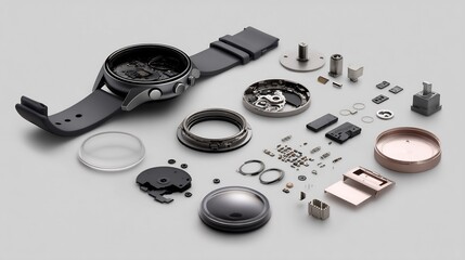 Deconstructed smartwatch exhibiting meticulous engineering and modularity design