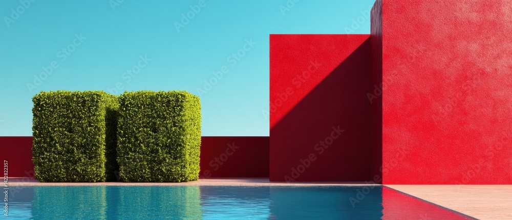 Poster Minimalist Landscape Architecture Geometric Topiary Design with Bold Color Blocking - Architectural Visualization of Spatial Harmony and Contemporary Landscaping Trends