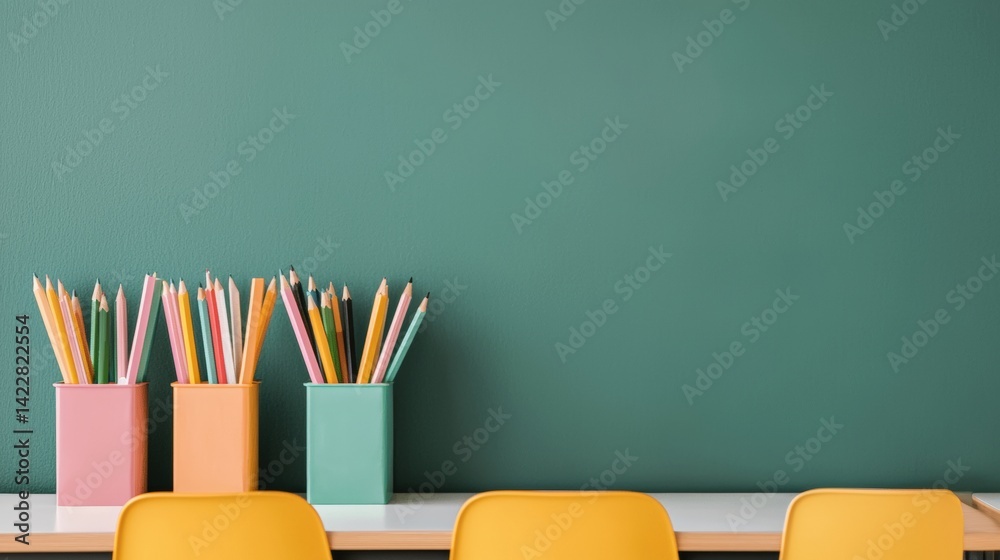 Poster colorful pencils in holders on desk in empty classroom with chalkboard