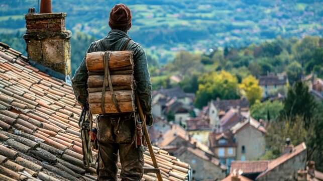 A traditional chimney sweeper on a rooftop, carrying tools and a ladder, with a scenic view of a village below.