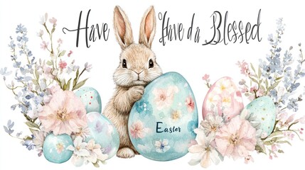 Cute Easter bunny with pastel eggs and flowers.