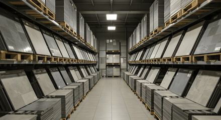 Large warehouse with variety of floor and wall ceramic tiles in boxes and on pallets ready for sale and distribution