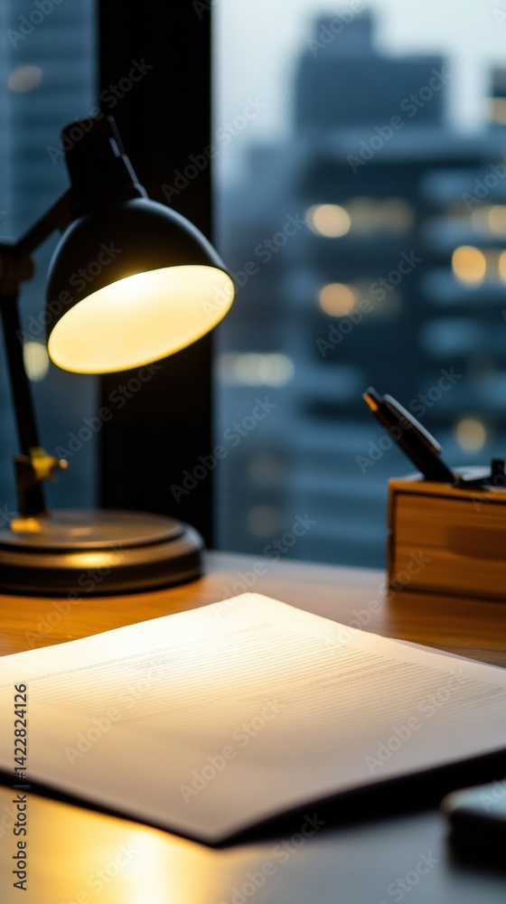 Poster Urban Creative Flow Minimalist Workspace Illumination - Productivity-Boosting Content Creation with Atmospheric Desk Lamp and Modern City Backdrop