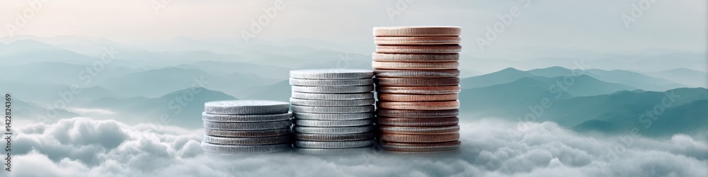 Poster ascending wealth visualization metallic coin stacks symbolizing financial growth and investment stra