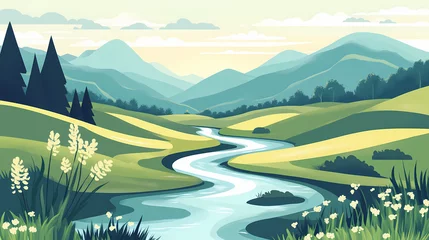 Fotobehang Peaceful nature landscape with winding stream. halcyon. illustration. Halcyon Stream. Illustration © Thiago