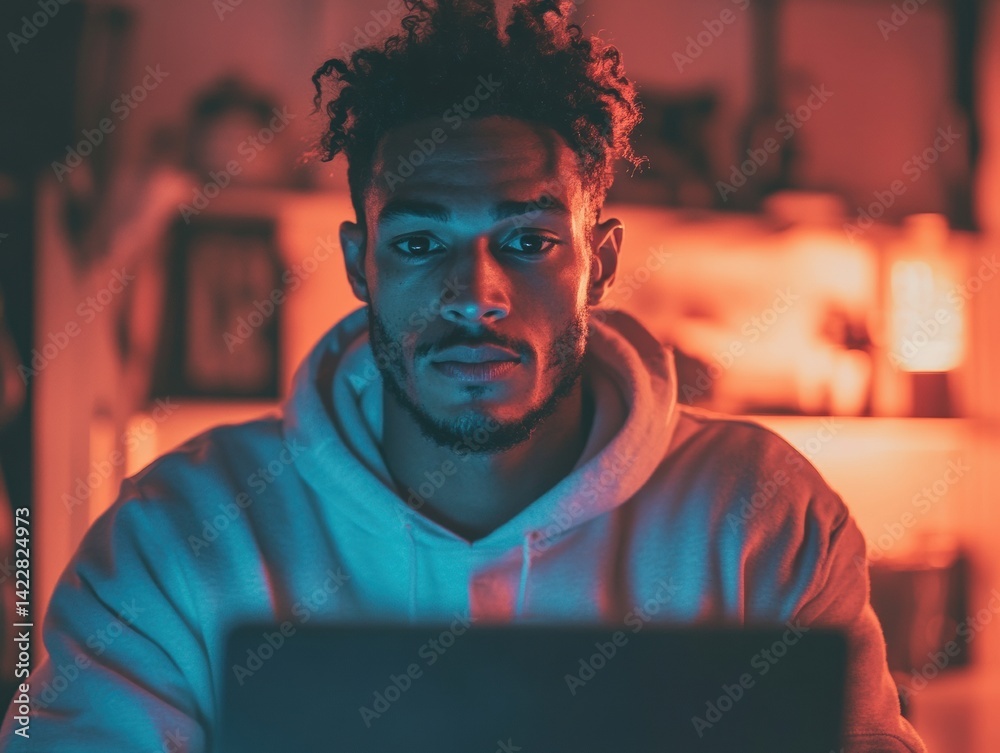 Aufkleber immersive digital workspace gen z entrepreneur in neon-lit home studio exploring creative potential 