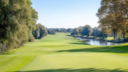 Naklejka premium Scenic golf course fairway, lush green grass, tranquil waterway, picturesque landscape