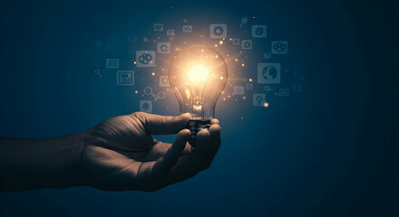 Innovation and technology concept Hand holding light bulb with icons of global network connection future innovation technology