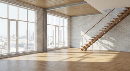 Modern loft interior, empty room with stairs, white brick walls, panoramic window and wooden floor. 3D render