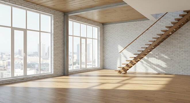 Modern loft interior, empty room with stairs, white brick walls, panoramic window and wooden floor. 3D render