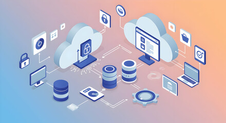 Secure Cloud Computing Network Infrastructure Data Storage Isometric Technology Solution for Modern Business and IT Services