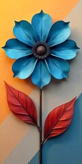 Blue Petal Flower with Red Leaves on Artistic Background