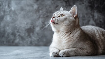 Gray cat looking upwards licks its nose playfully