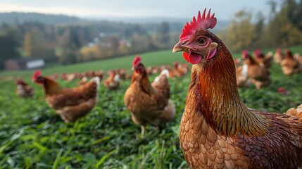 chickens freely grazing on a grass covered farm - photo for design