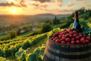 Fototapeta premium Sunset vineyard with wine bottle and strawberries in barrel.