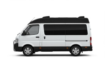 Side view of a white and black van with tinted windows on a white background in a studio setting
