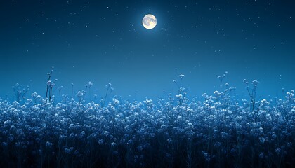 Night field flowers, moonlit sky, peaceful scene