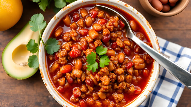 Traditional mexican dish chili con carne with minced meat and red beans.
