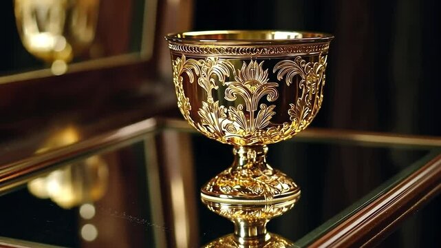 Ornate golden goblet on mirrored surface, luxurious interior setting