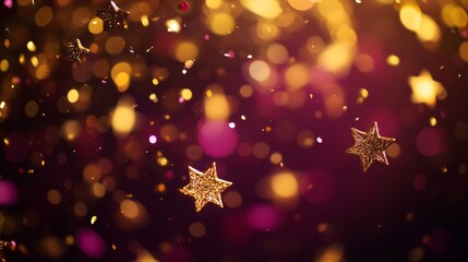 Close-up macro shot of ornate golden confetti shapes mid-fall, mixture of stars and circular pieces catching light, blurred bokeh background in deep burgundy, studio lighting setup, commercial