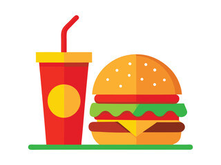 A burger with lettuce, tomato, cheese and meat, a red soda cup with a straw on a white background, fast food concept