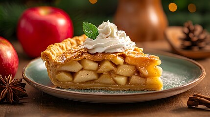 Freshly baked warm and fragrant apple pie with a flaky crust served with a dollop of rich and creamy whipped topping
