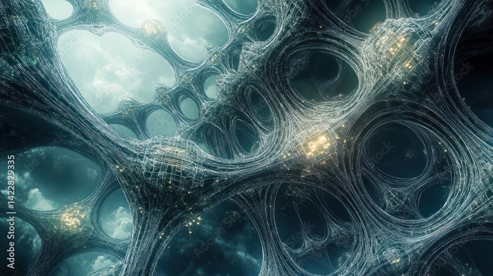 Poster interconnected cellular structure with illuminated nodes under a cloudy sky