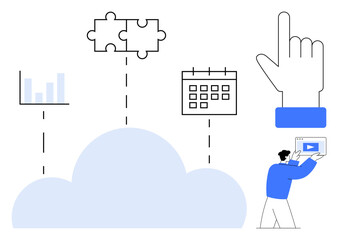 Cloud connects data chart, puzzle pieces, calendar, giant hand, and person with video player. Ideal for teamwork, productivity, planning, innovation cloud storage learning simple landing page