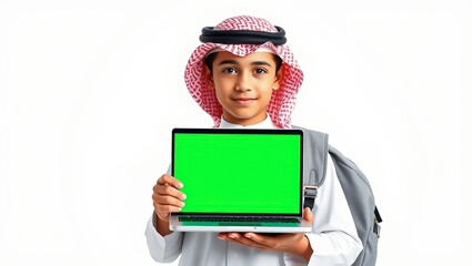 Young Boy in Traditional Middle Eastern Clothing Holding Laptop with Green Screen